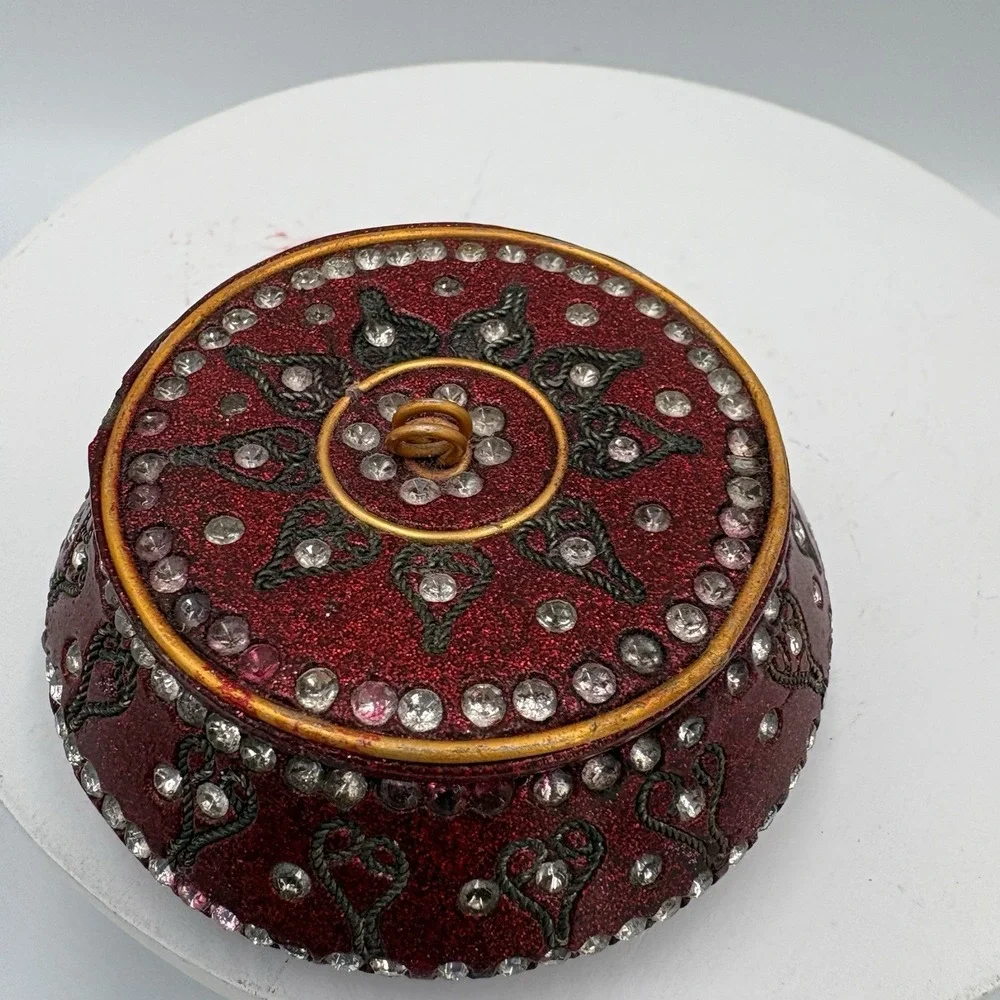 Burgundy Enamel Trinket Ring Box Metallic Fleck Finish Rhinestones Inlaid Hearts